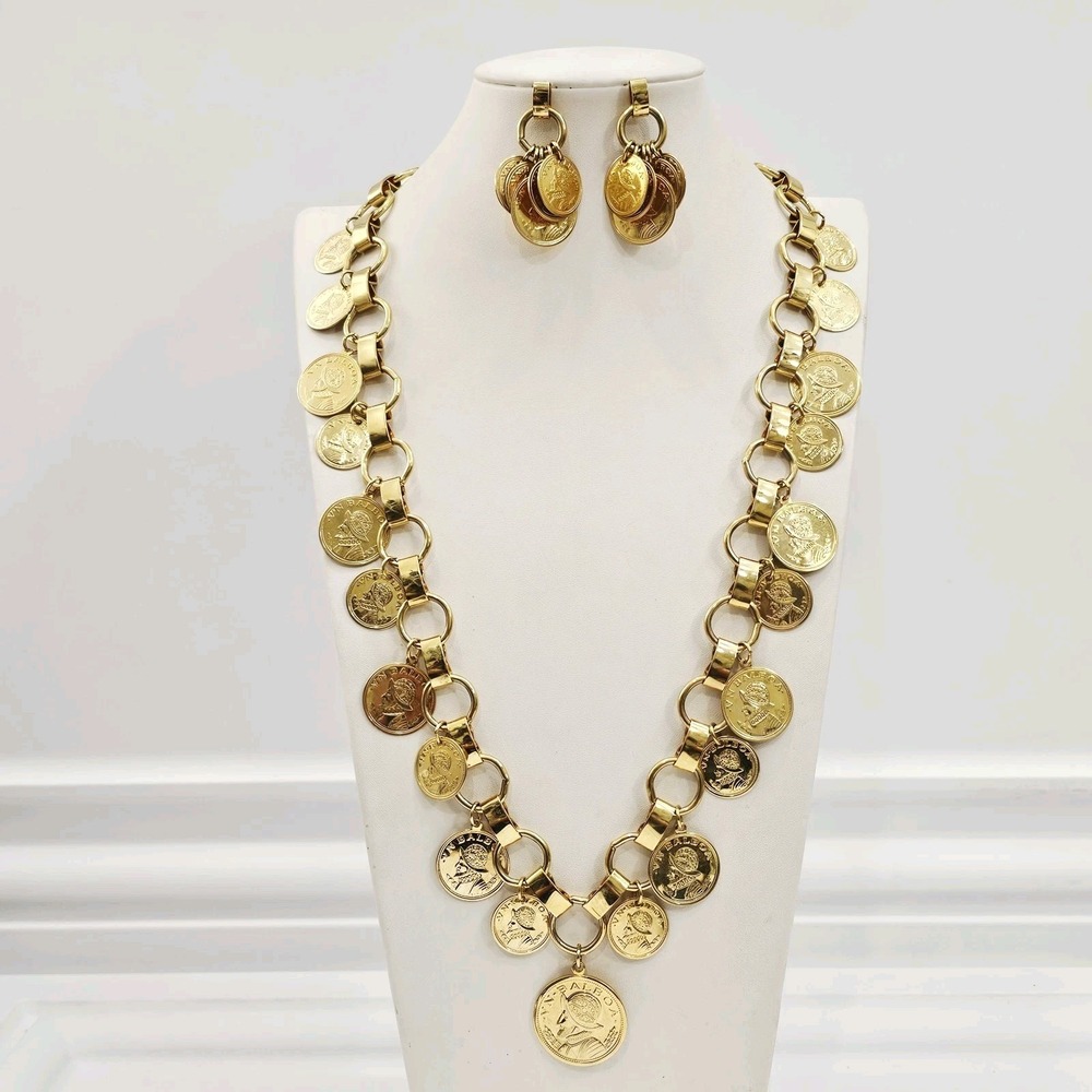 Vintage Gold Tone VN Balboa Coin Charm Necklace Earrings Set Chain Statement